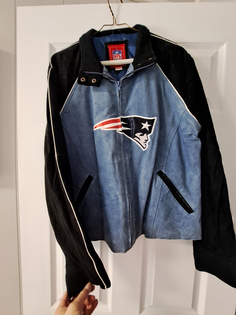 NFL New England Patriots Blue and Black Suede Bomber Jacket